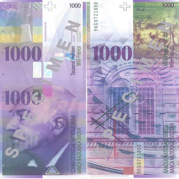 Hình ảnh tiền Thụy Sĩ 1000f