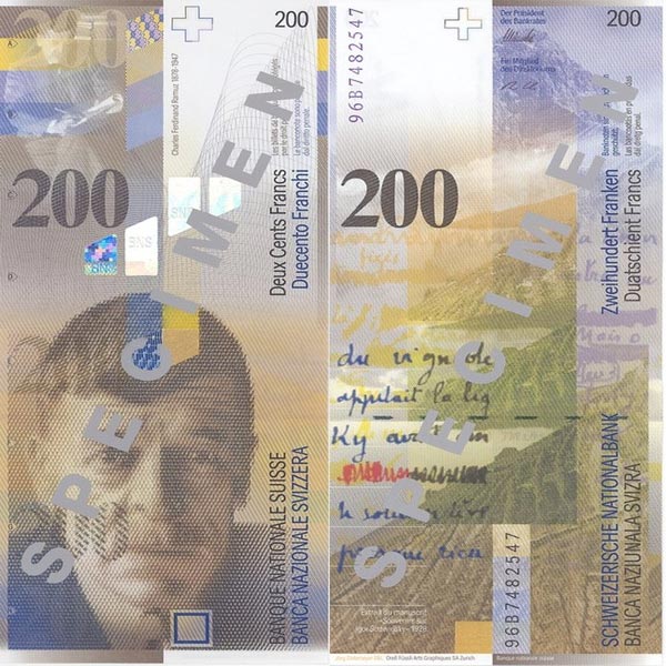Hình ảnh tiền Thụy Sĩ 200f