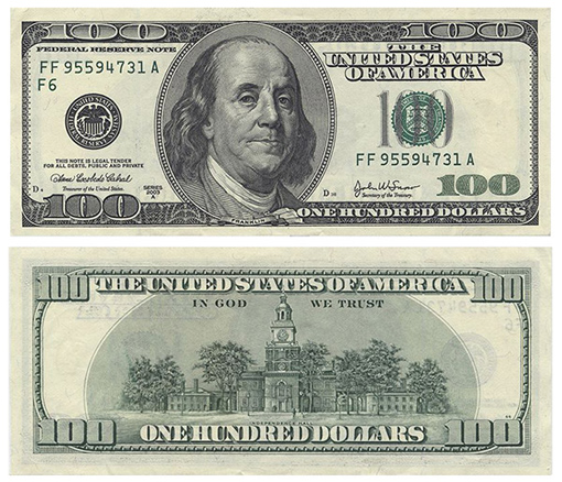 Hình ảnh mặt trước và mặt sau tờ tiền 100 USD
